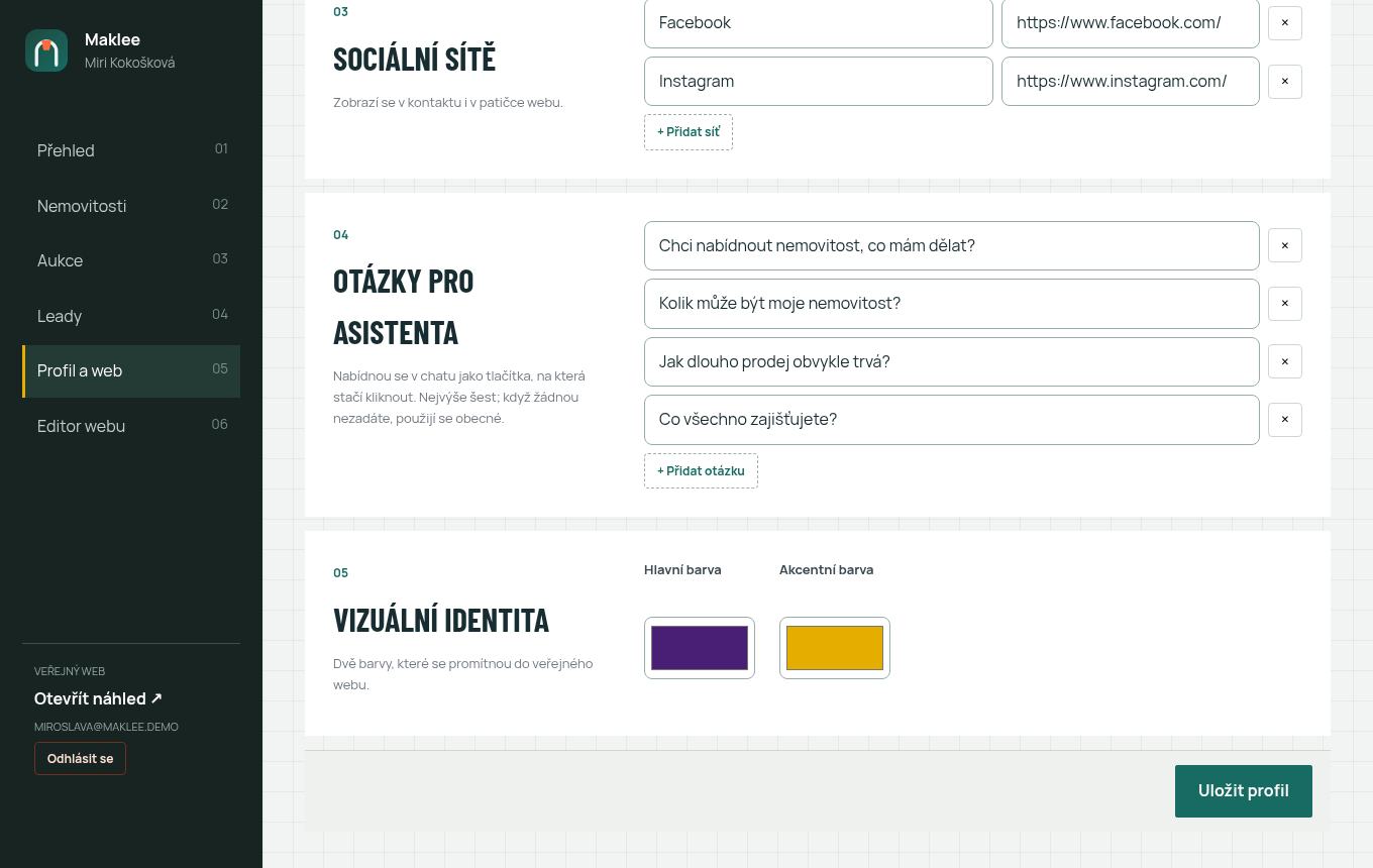 Profil a nastavení webu